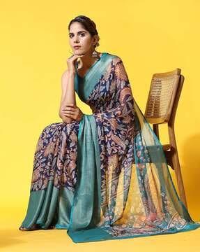 women floral print chiffon saree with contrast border