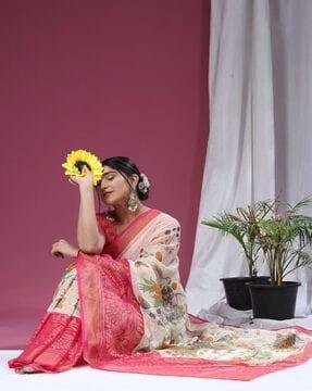 women floral print chiffon saree with contrast border