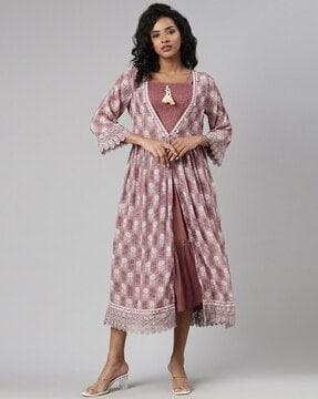 women floral print coat with tiered dress