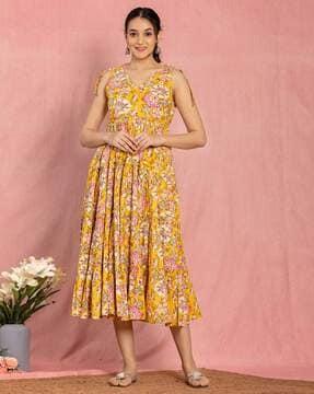 women floral print cotton fit & flare dress