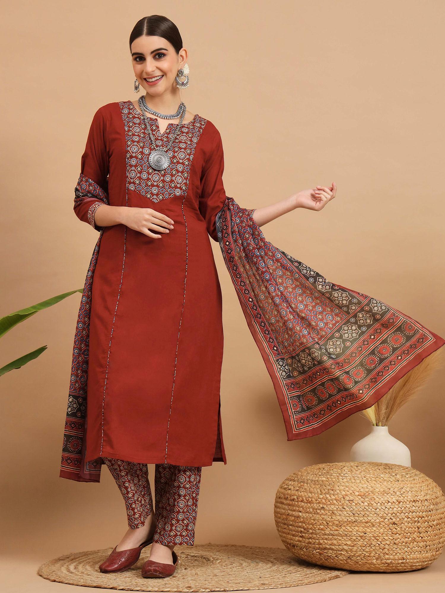 women floral print cotton maroon stitched kurta pant with dupatta (set of 3)
