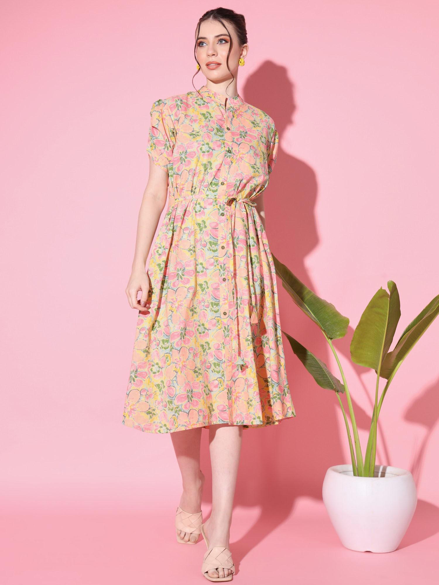 women floral print cotton multi-color midi-dress