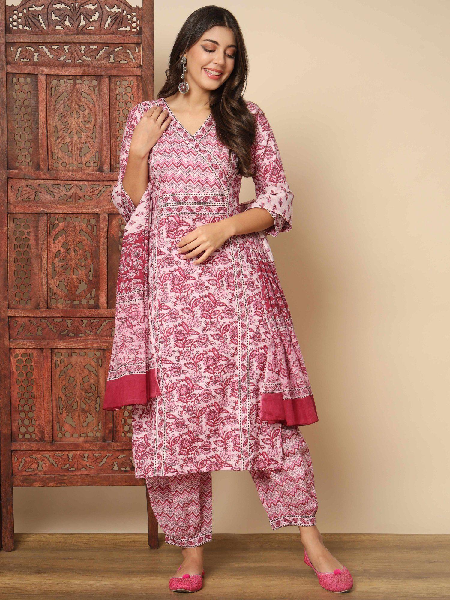 women floral print cotton pink stitched kurta salwar with dupatta (set of 3)