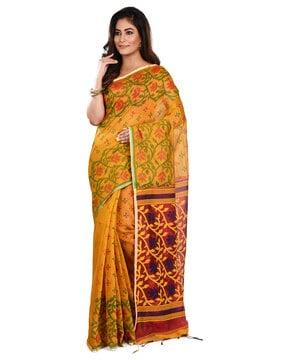 women floral print cotton saree with tassels