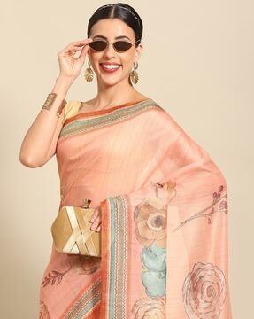 women floral print cotton saree with tassels