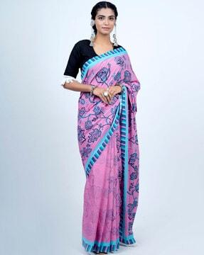 women floral print cotton saree with tassels