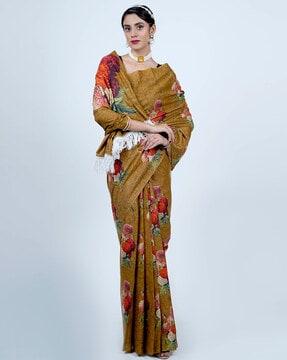 women floral print cotton saree with tassels