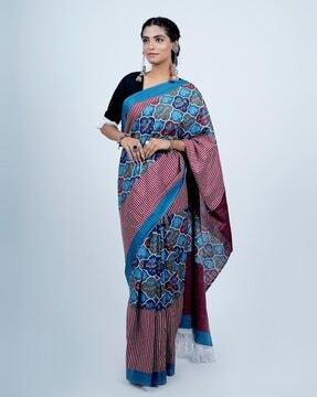 women floral print cotton saree with tassels