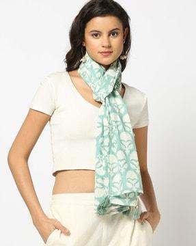 women floral print cotton scarf with tassels