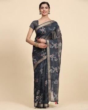 women floral print cotton silk saree with tassels
