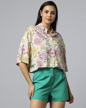 women floral print crop shirt