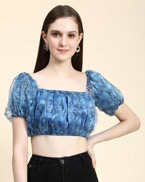 women floral print crop top with puffed sleeves