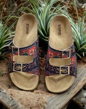 women floral print dual-strap slides