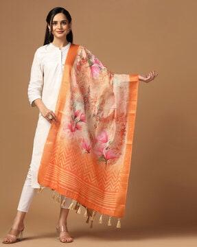 women floral print dupatta with tassels