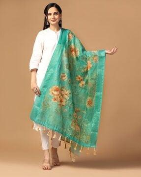 women floral print dupatta with tassels