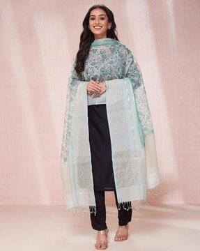 women floral print dupatta with tassels