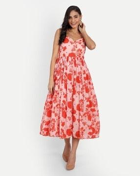 women floral print fit & flare cotton dress