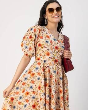 women floral print fit & flare dress with belt
