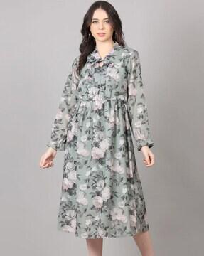 women floral print fit & flare dress with full-length sleeves