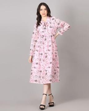 women floral print fit & flare dress with full-length sleeves