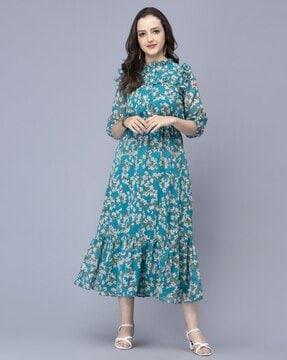 women floral print fit & flare dress with puffed sleeves