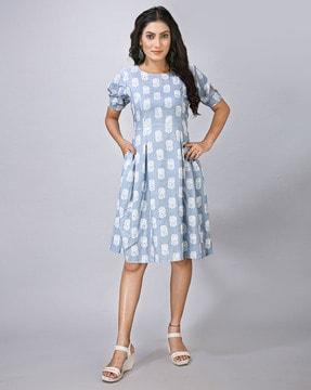 women floral print fit & flare dress with round neck