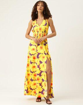 women floral print fit & flare dress with side-slit