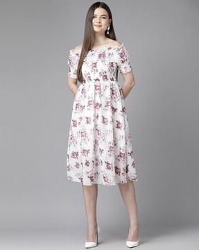 women floral print fit & flare dress with smocked details