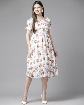 women floral print fit & flare dress with smocked details