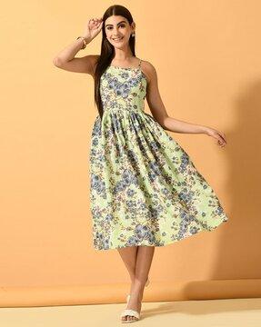 women floral print fit & flare dress with strappy sleeves