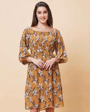 women floral print fit & flare dress with tie-up