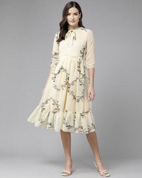 women floral print fit & flare dress with tie-up