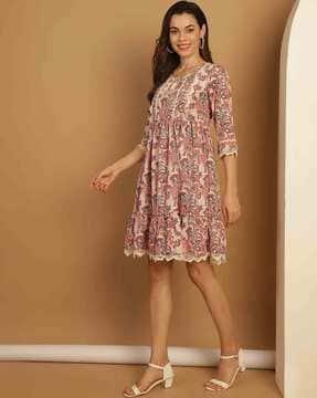 women floral print fit & flare dress with tie-up