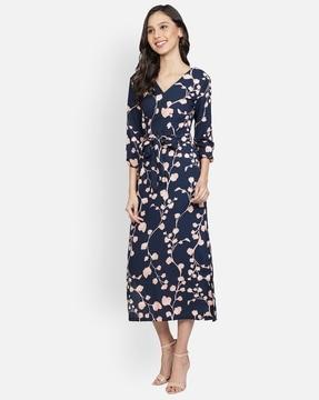 women floral print fit & flare dress with v-neck