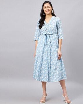 women floral print fit & flare dress with waist tie-up