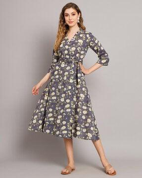 women floral print fit & flared dress with waist belt