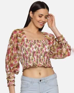 women floral print fitted blousons top