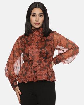 women floral print fitted blousons top