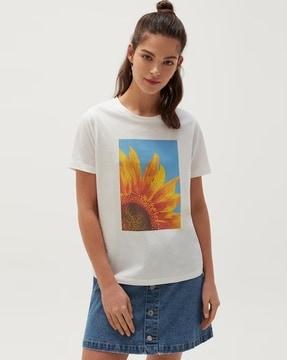 women floral print fitted crew-neck t-shirt