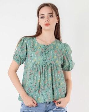 women floral print fitted round-neck top