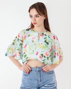 women floral print fitted round-neck top