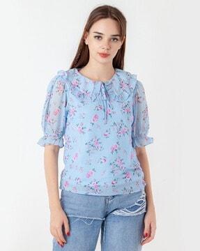 women floral print fitted top with neck tie-up