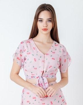 women floral print fitted v-neck crop top