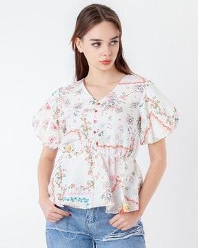 women floral print fitted v-neck peplum top