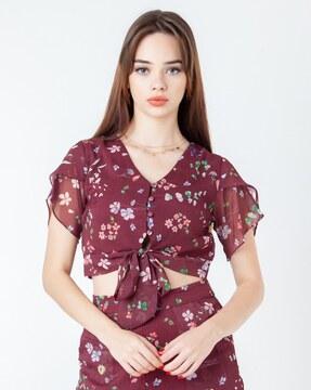 women floral print fitted v-neck top