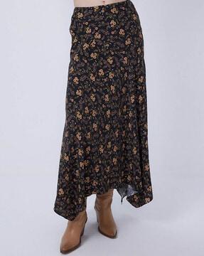 women floral print flared asymmetric hem skirt