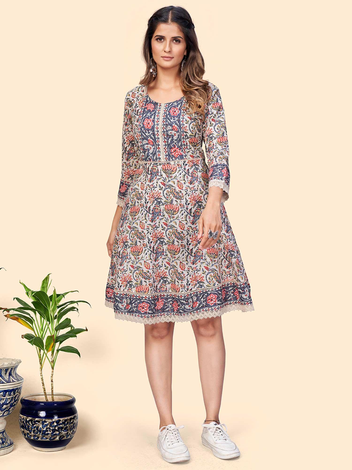 women floral print flared cotton beige stitched dress