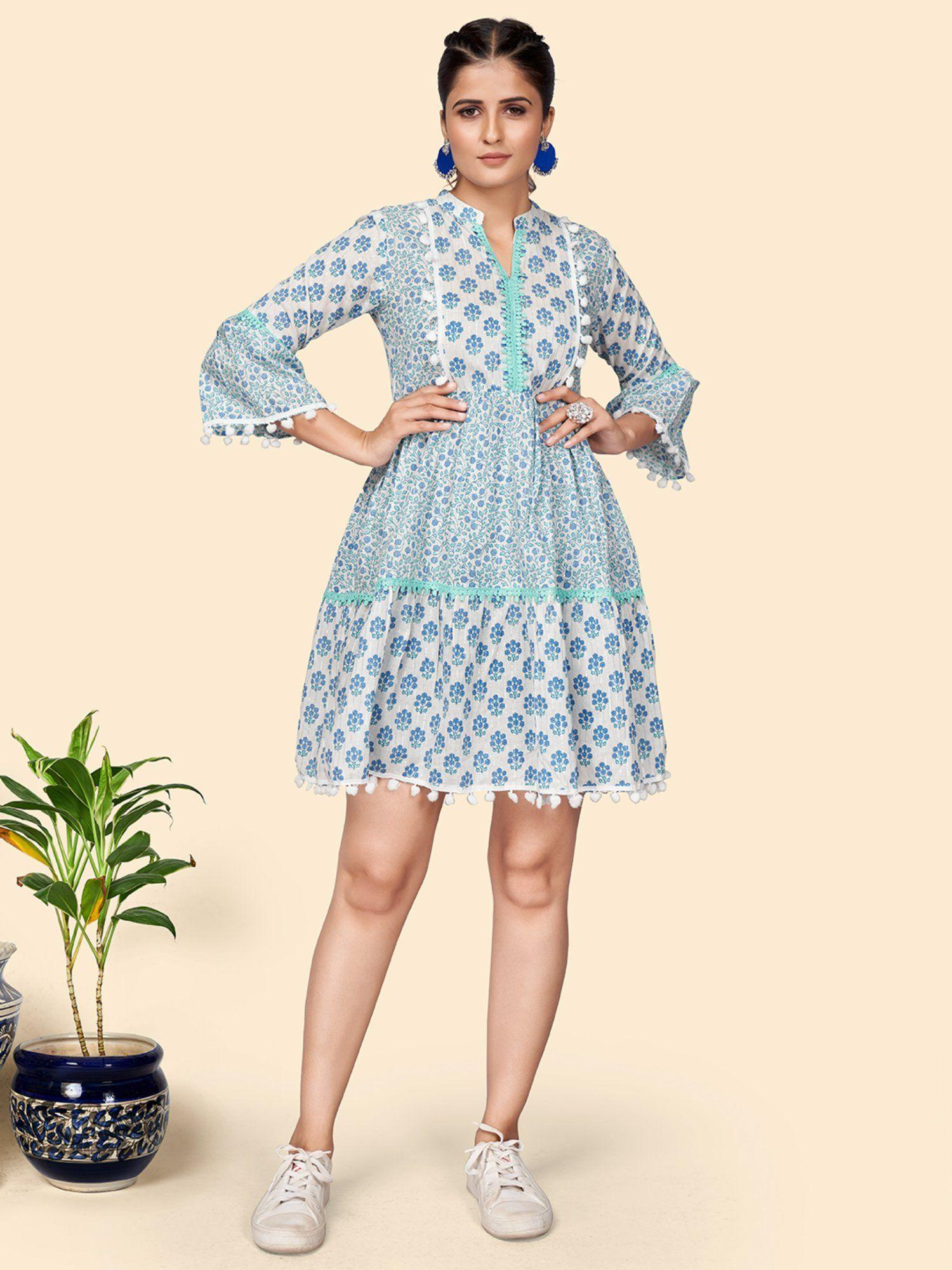 women floral print flared cotton blue stitched dress