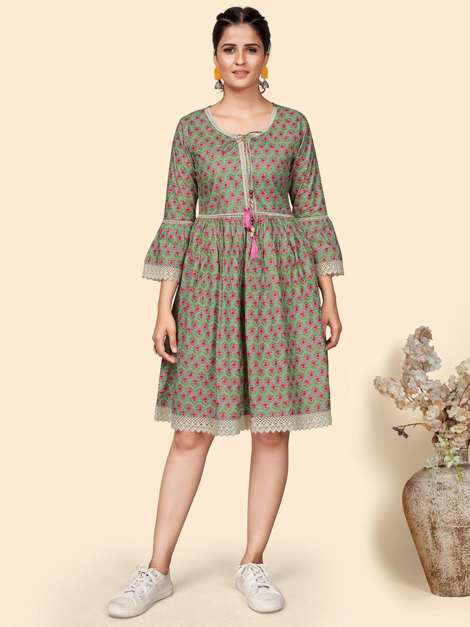 women floral print flared cotton olive stitched dress