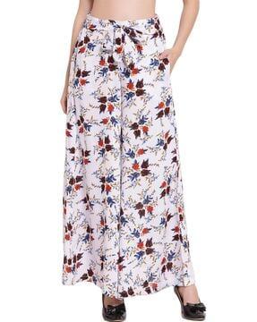 women floral print flared flat-front palazzos